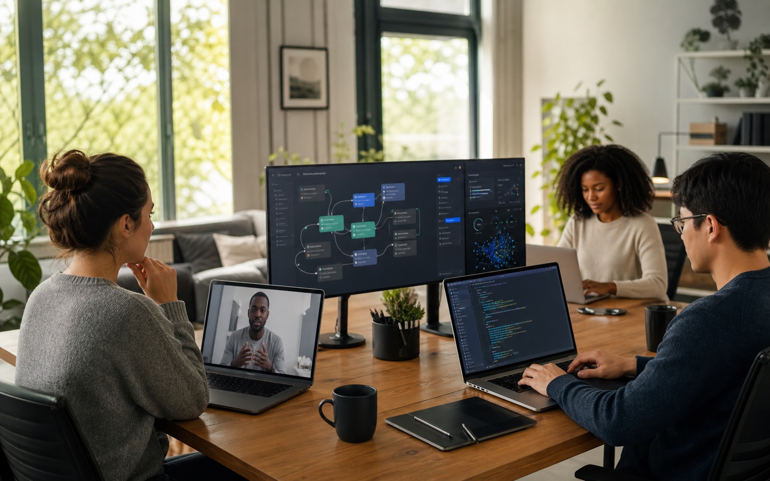 Remote AI professionals collaborating on workflows, code and AI dashboards